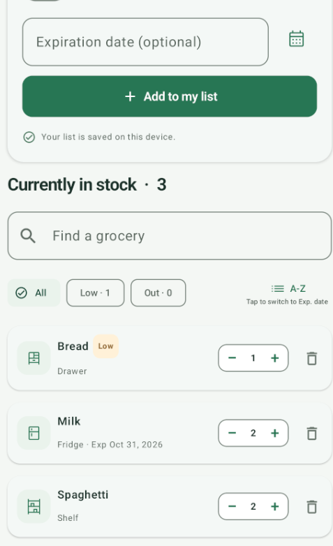 Goodstock grocery list with search, storage locations, and quantity controls
