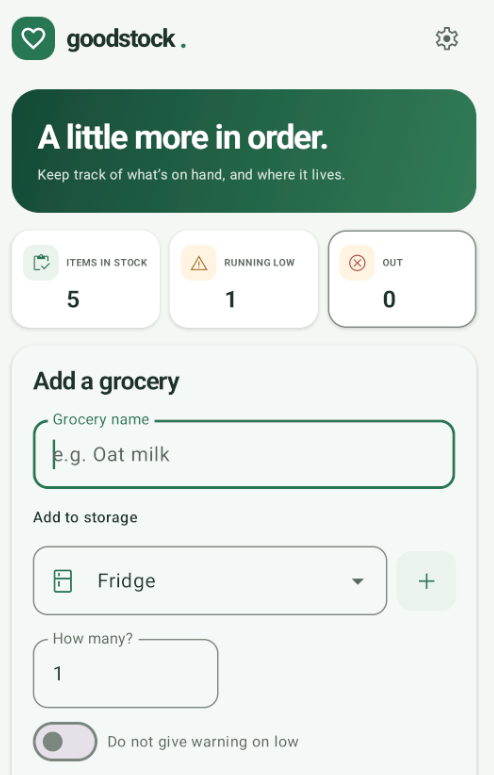 Goodstock grocery dashboard and add-a-grocery form